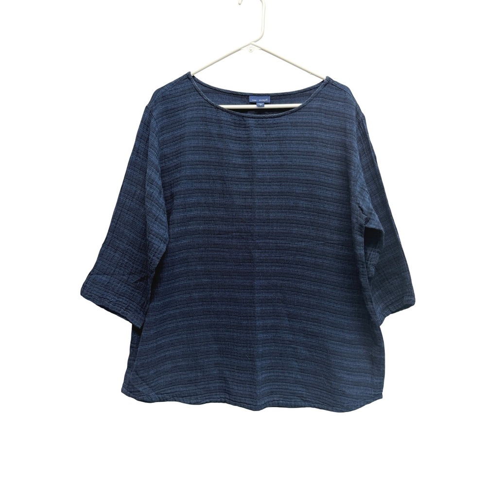Pure Jill Indigo Top Textured Cotton Striped Medium Blue Women